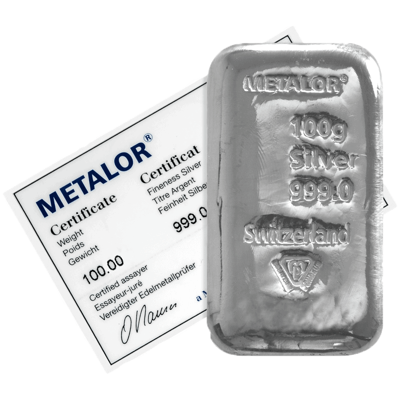 100g Metalor Silver Bar with Assay Certificate